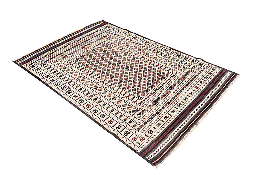 4' x 6'  Ivory Handmade Pai Murgh Soumak Kilim Rug Rectangular