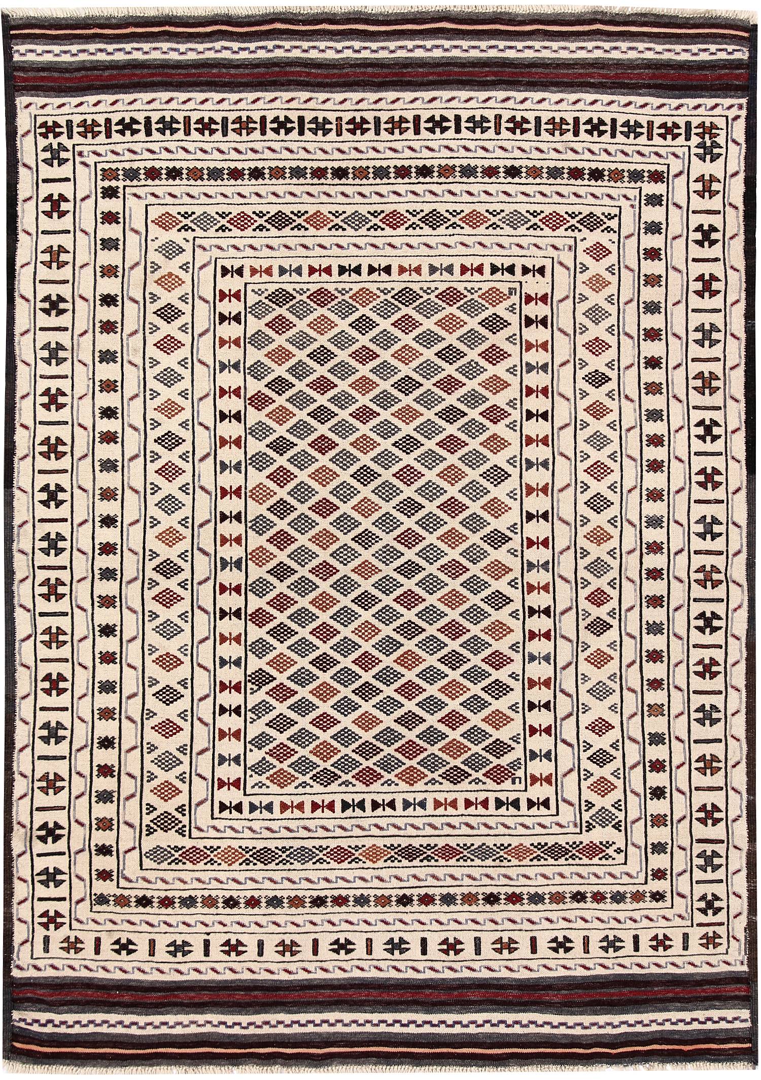 4' x 6'  Ivory Handmade Pai Murgh Soumak Kilim Rug Rectangular