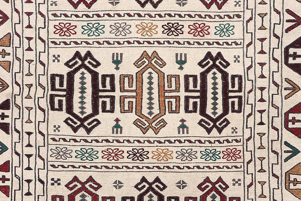 Ivory Handmade Pai Murgh Soumak Kilim Rug Rectangular