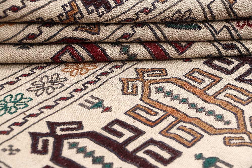 Ivory Handmade Pai Murgh Soumak Kilim Rug Rectangular
