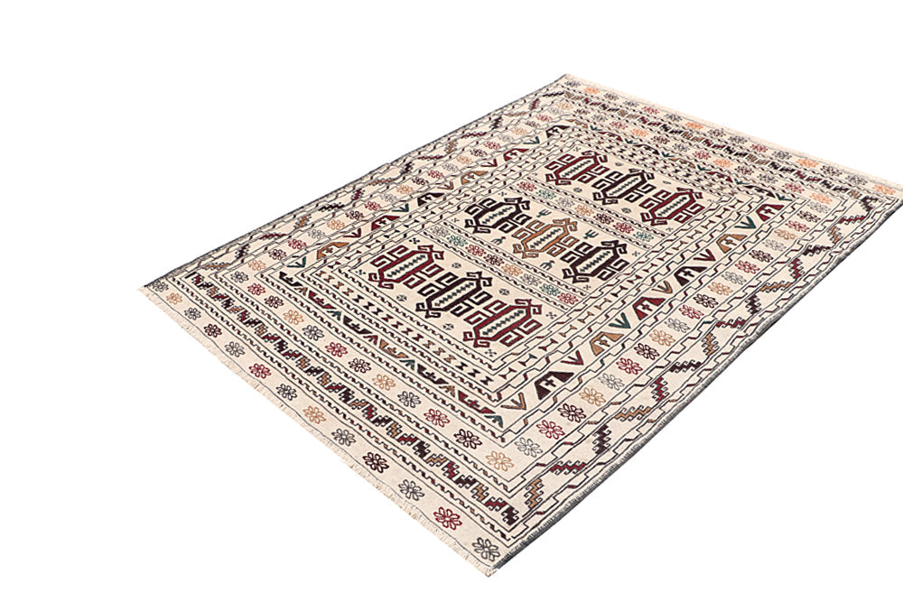 Ivory Handmade Pai Murgh Soumak Kilim Rug Rectangular