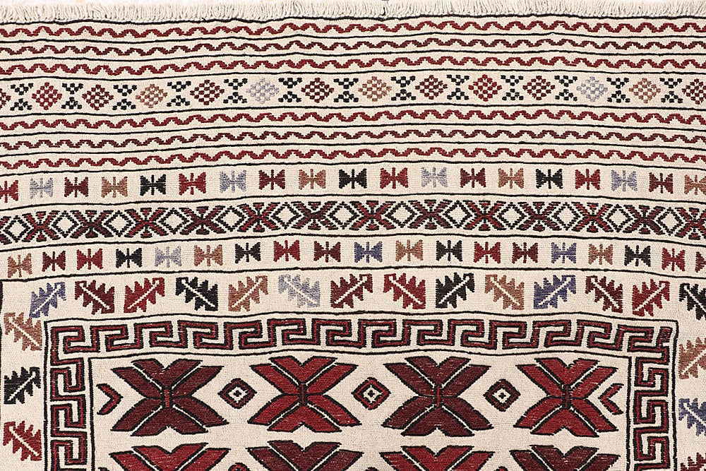 4' 6" x 6' 6  Ivory Handmade Pai Murgh Soumak Kilim Rug Rectangular