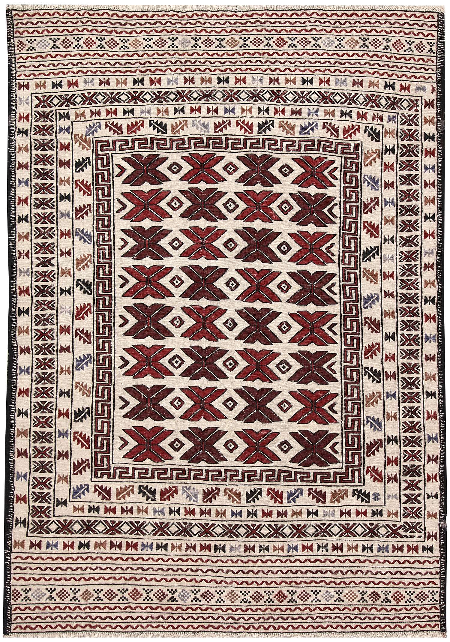 4' 6" x 6' 6  Ivory Handmade Pai Murgh Soumak Kilim Rug Rectangular