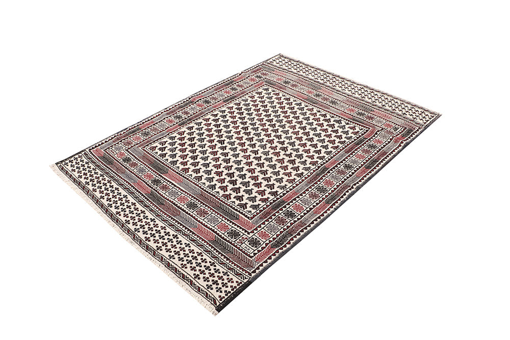 4' 6" x 6' 6  Ivory Handmade Pai Murgh Soumak Kilim Rug Rectangular
