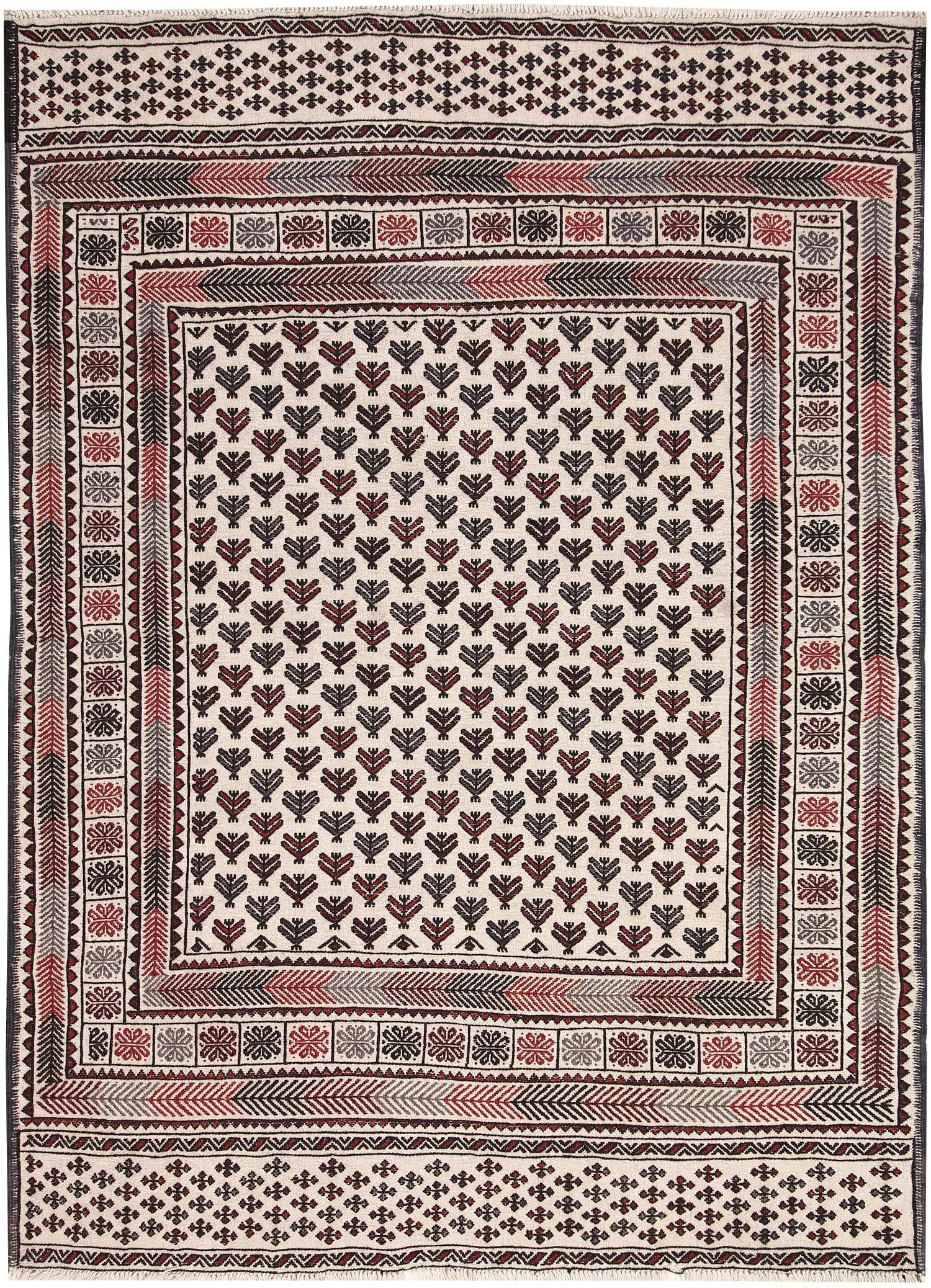 4' 6" x 6' 6  Ivory Handmade Pai Murgh Soumak Kilim Rug Rectangular