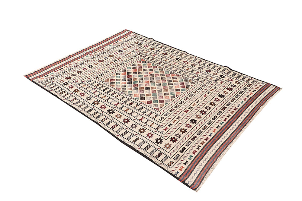 4' x 6'  Ivory Handmade Pai Murgh Soumak Kilim Rug Rectangular