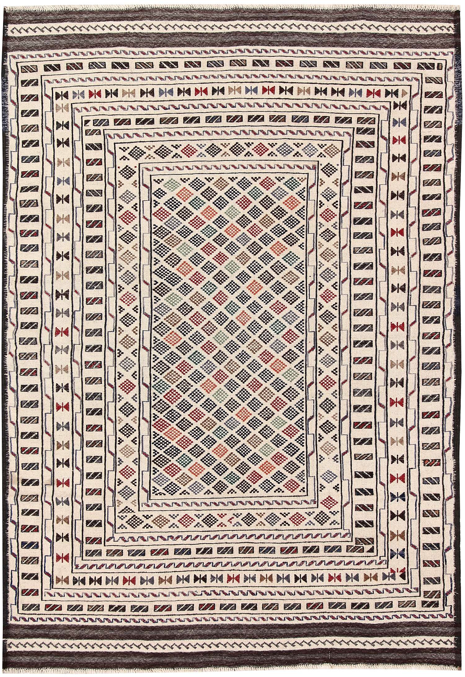 4' 6" x 6' 6  Ivory Handmade Pai Murgh Soumak Kilim Rug Rectangular
