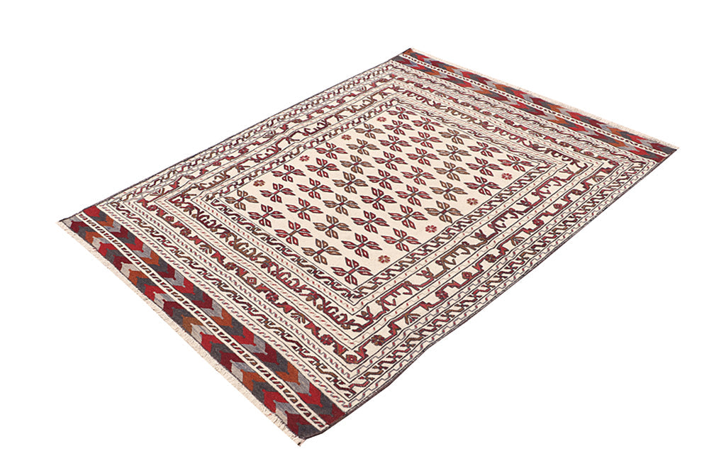 4' x 6'  Ivory Handmade Pai Murgh Soumak Kilim Rug Rectangular