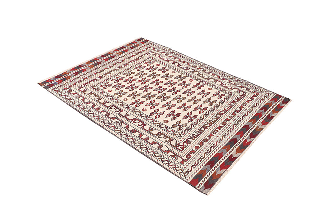 4' x 6'  Ivory Handmade Pai Murgh Soumak Kilim Rug Rectangular