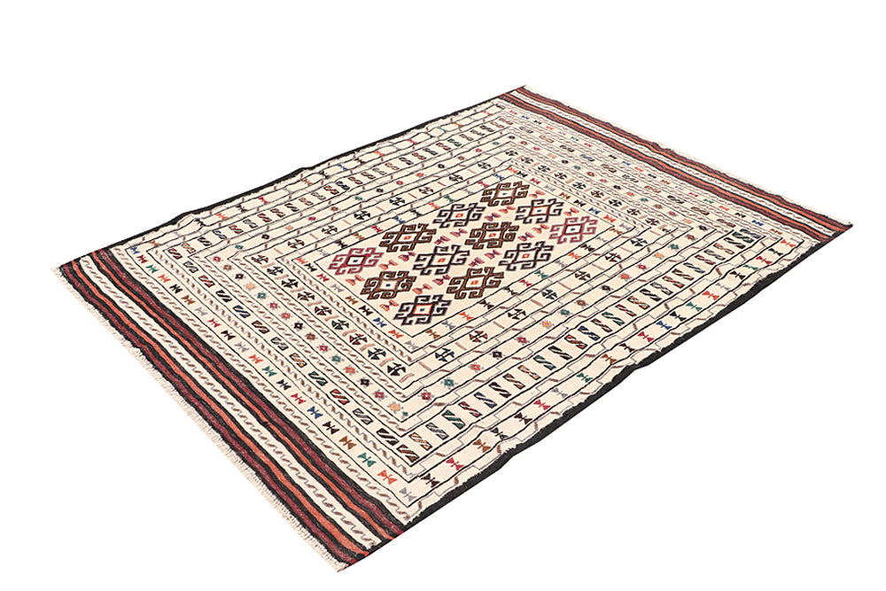 4' x 6'  Ivory Handmade Pai Murgh Soumak Kilim Rug Rectangular