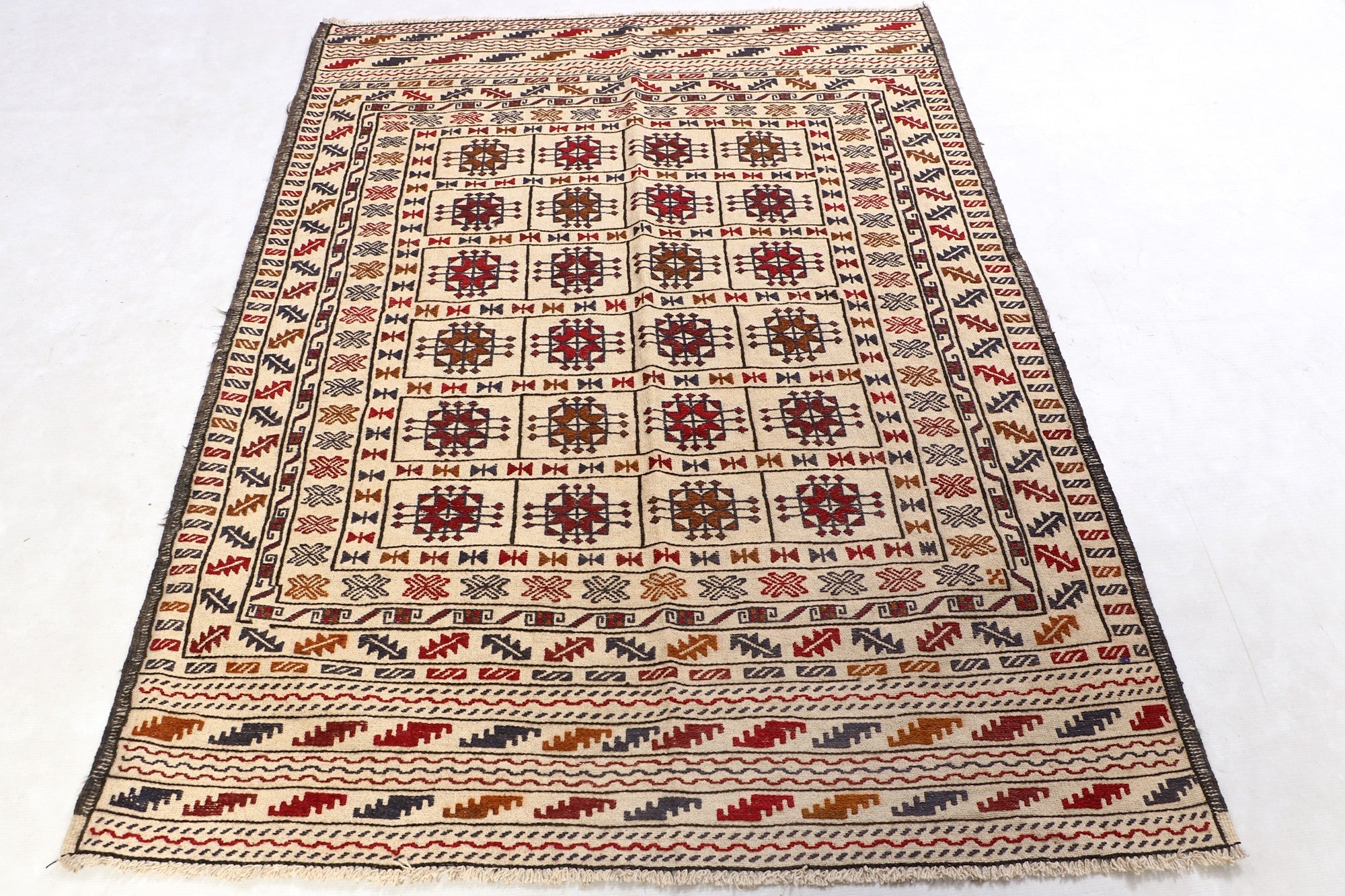 4' x 6'  Ivory Handmade Pai Murgh Soumak Kilim Rug Rectangular