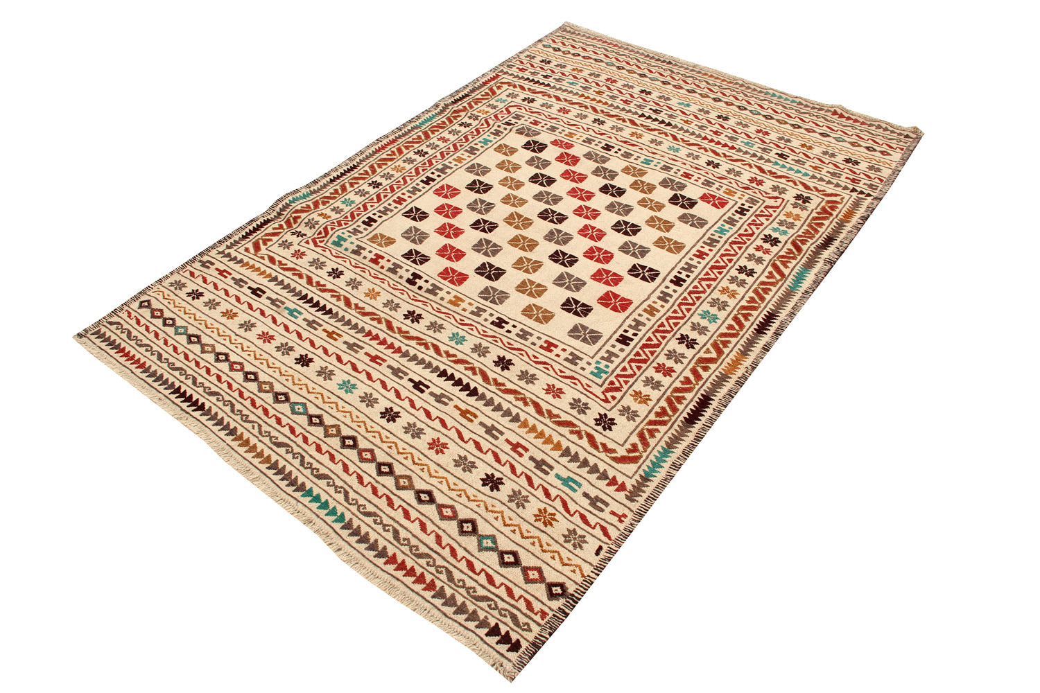 4' 6" x 6' 6  Ivory Handmade Pai Murgh Soumak Kilim Rug Rectangular