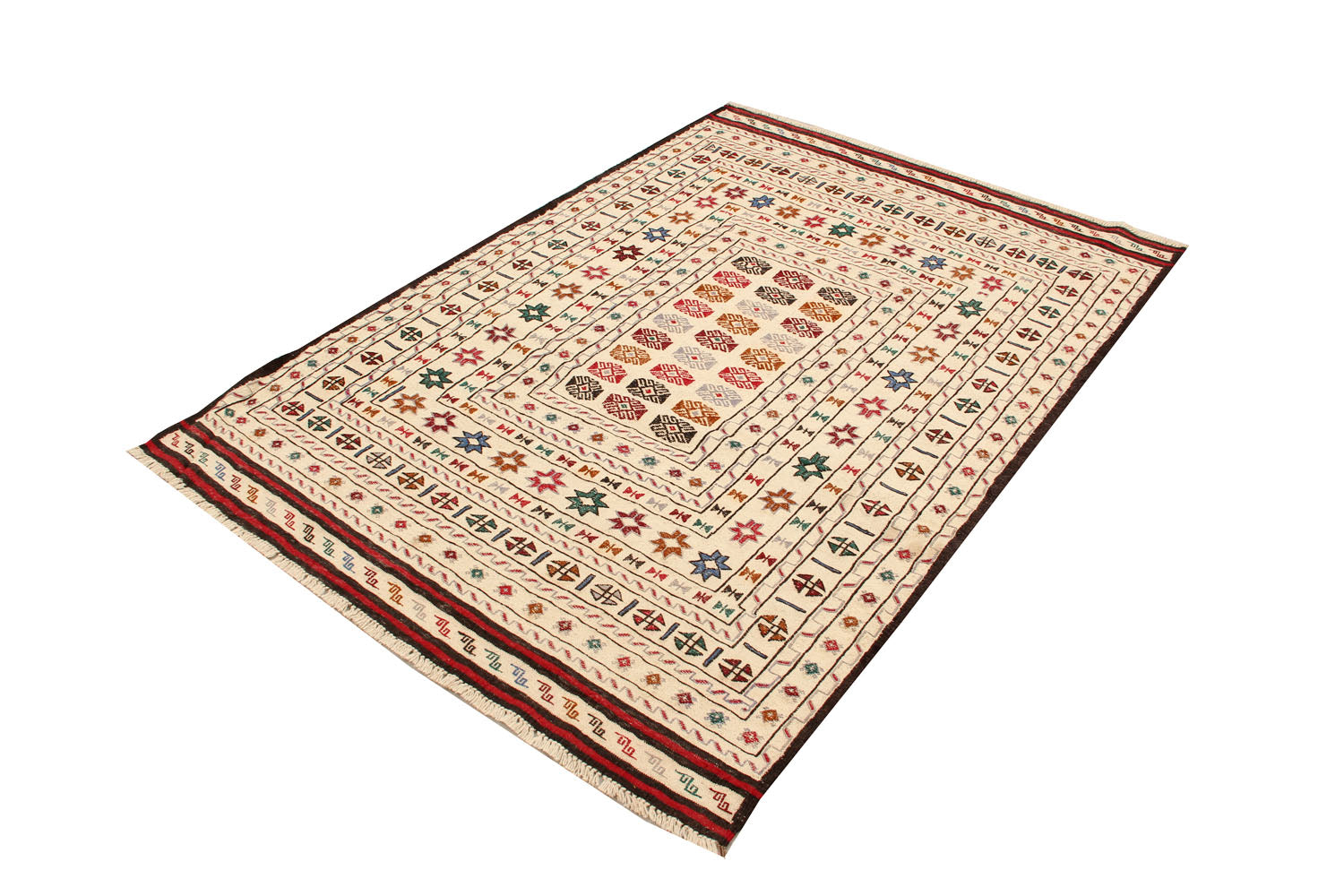 4' 6" x 6' 6  Ivory Handmade Pai Murgh Soumak Kilim Rug Rectangular