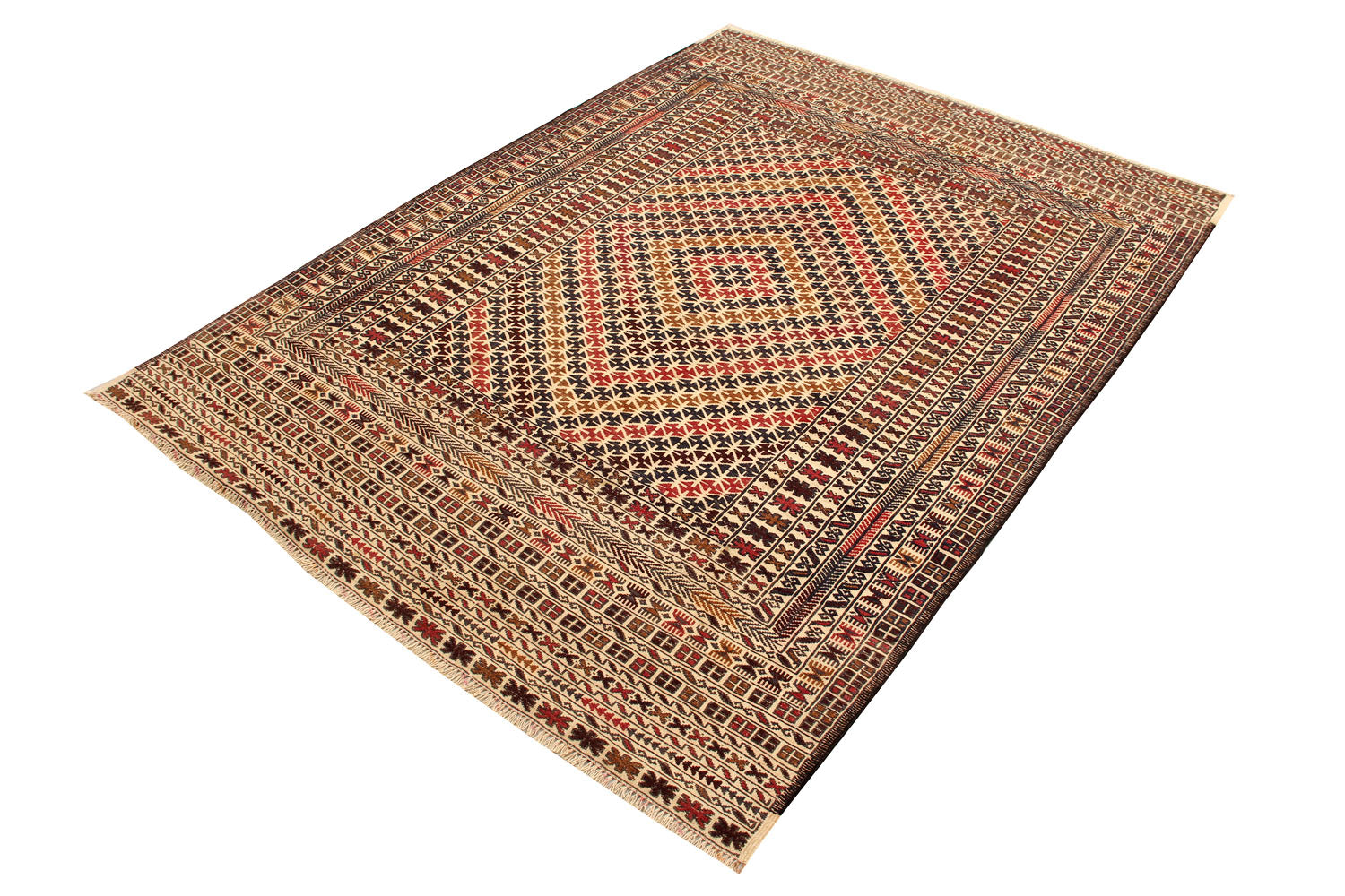 4' 6" x 6' 6  Ivory Handmade Pai Murgh Soumak Kilim Rug Rectangular