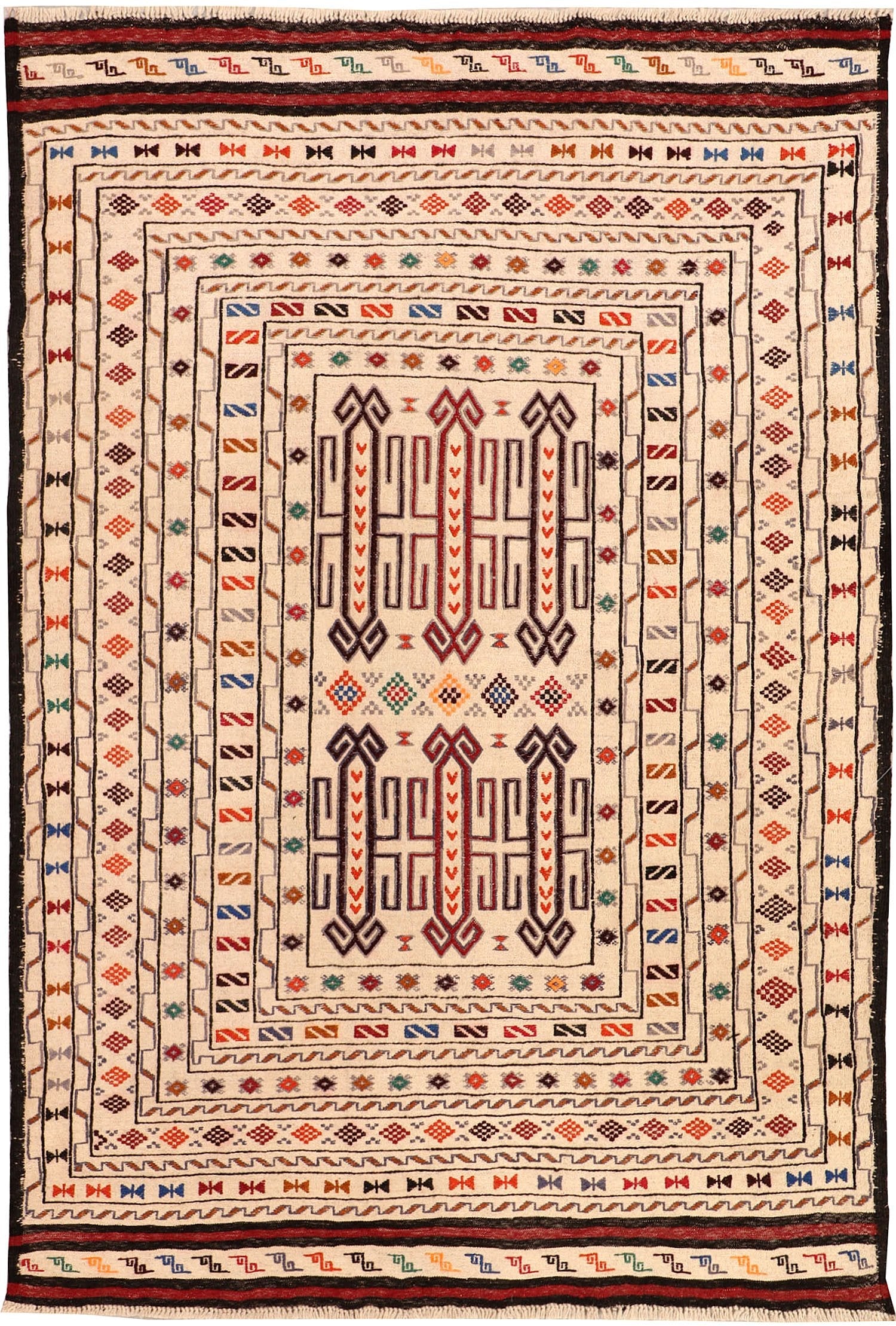 4' 6" x 6' 6  Ivory Handmade Pai Murgh Soumak Kilim Rug Rectangular