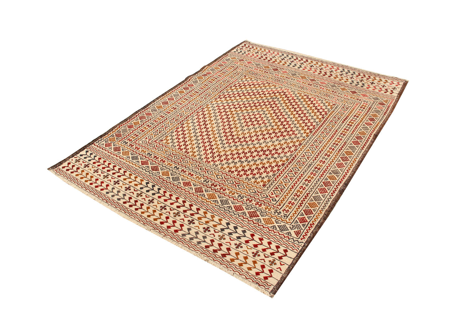 4' 6" x 6' 6  Ivory Handmade Pai Murgh Soumak Kilim Rug Rectangular