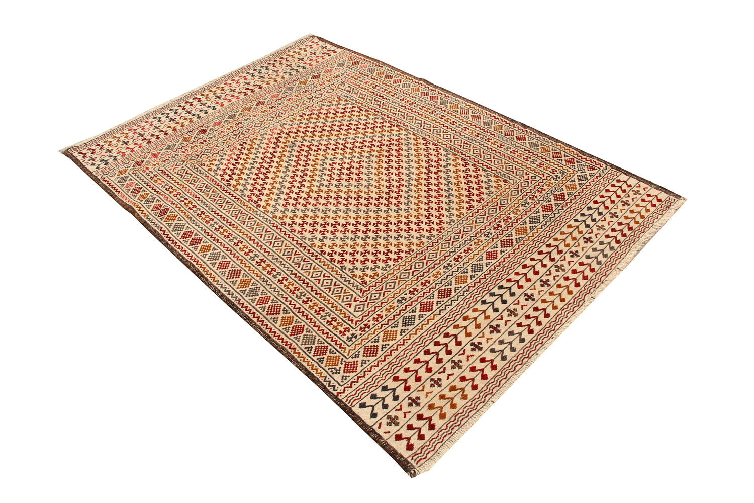 4' 6" x 6' 6  Ivory Handmade Pai Murgh Soumak Kilim Rug Rectangular