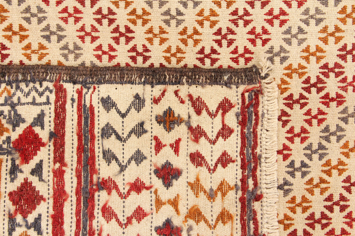 4' 6" x 6' 6  Ivory Handmade Pai Murgh Soumak Kilim Rug Rectangular