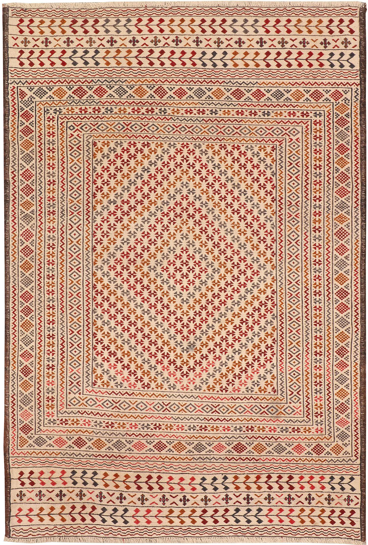 4' 6" x 6' 6  Ivory Handmade Pai Murgh Soumak Kilim Rug Rectangular