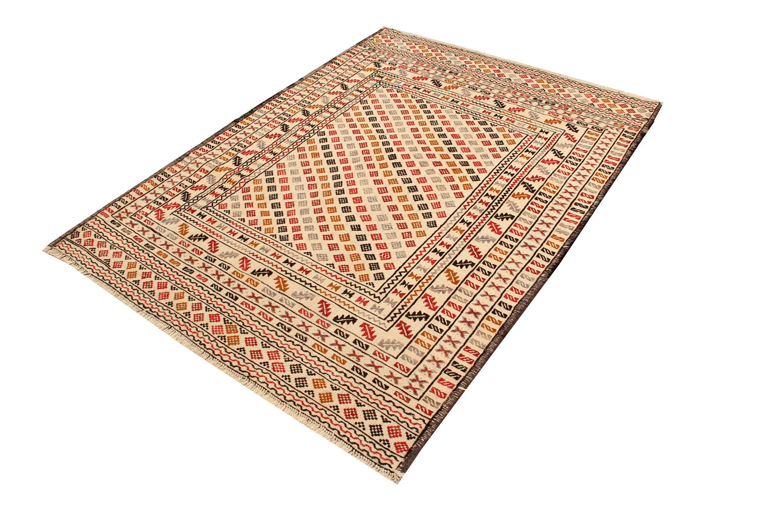 4' 6" x 6' 6  Ivory Handmade Pai Murgh Soumak Kilim Rug Rectangular