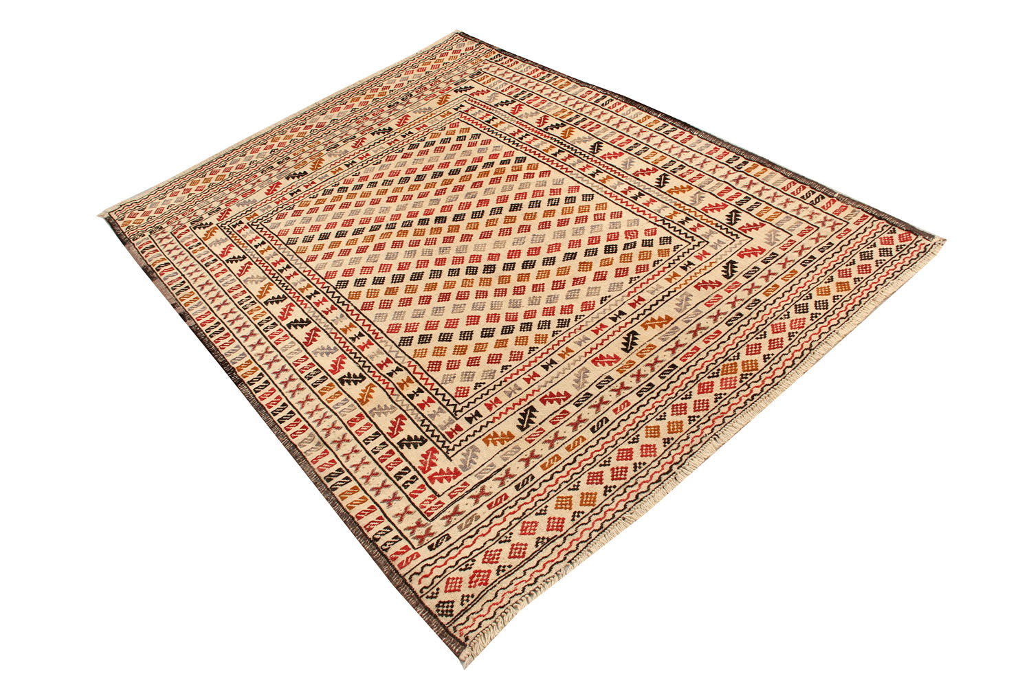 4' 6" x 6' 6  Ivory Handmade Pai Murgh Soumak Kilim Rug Rectangular