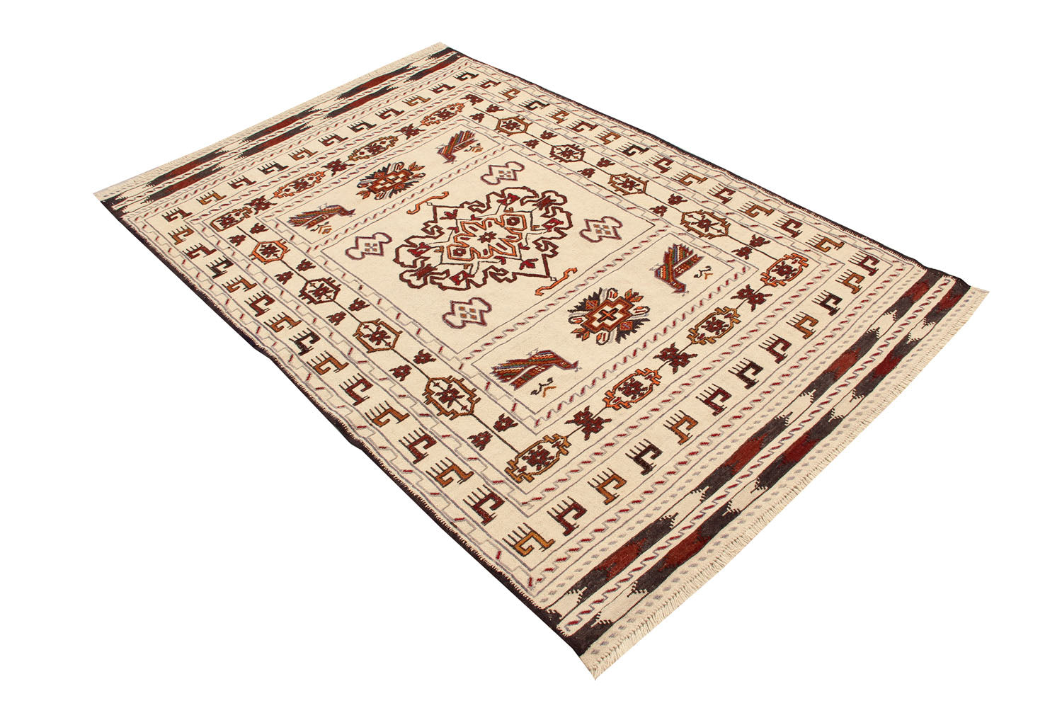 4' 6" x 6' 6  Ivory Handmade Pai Murgh Soumak Kilim Rug Rectangular
