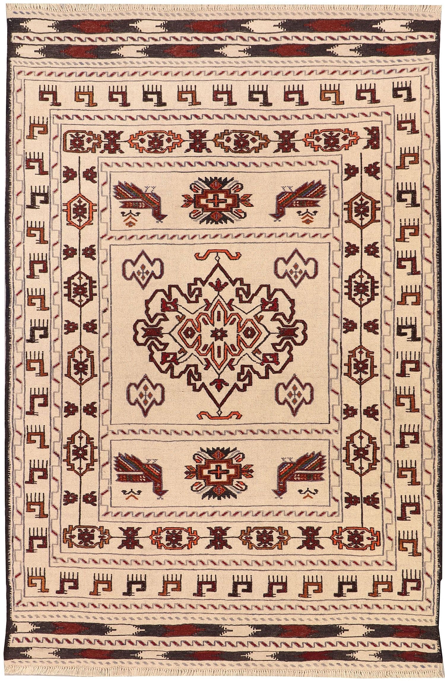 4' 6" x 6' 6  Ivory Handmade Pai Murgh Soumak Kilim Rug Rectangular