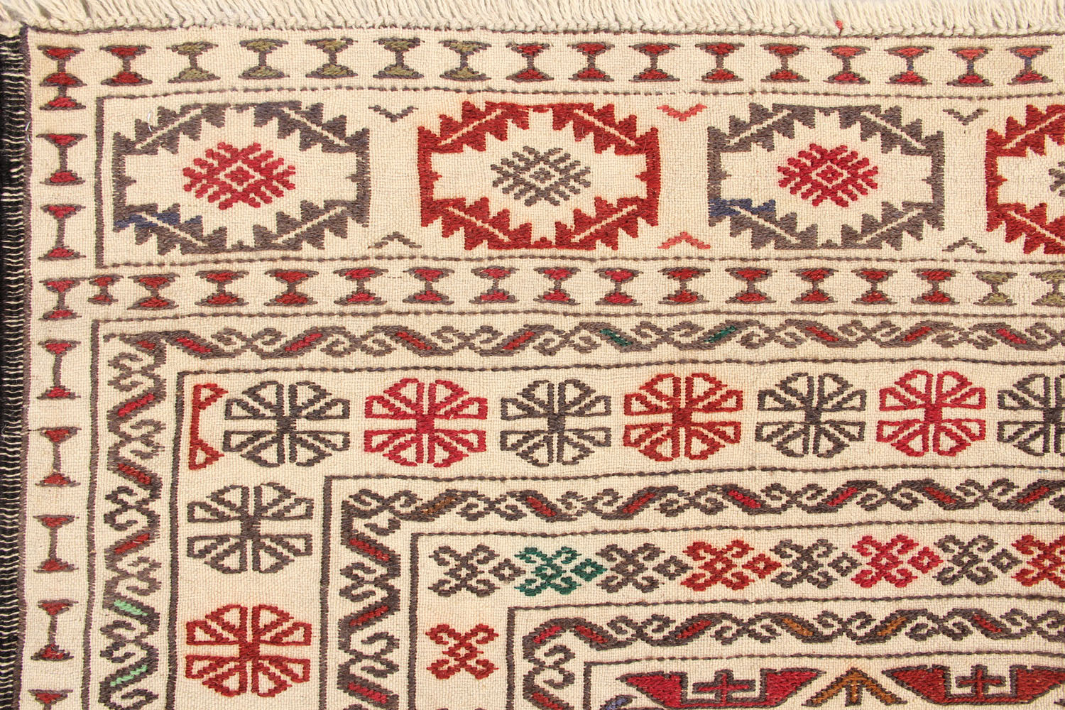 4' 6" x 6' 6  Ivory Handmade Pai Murgh Soumak Kilim Rug Rectangular
