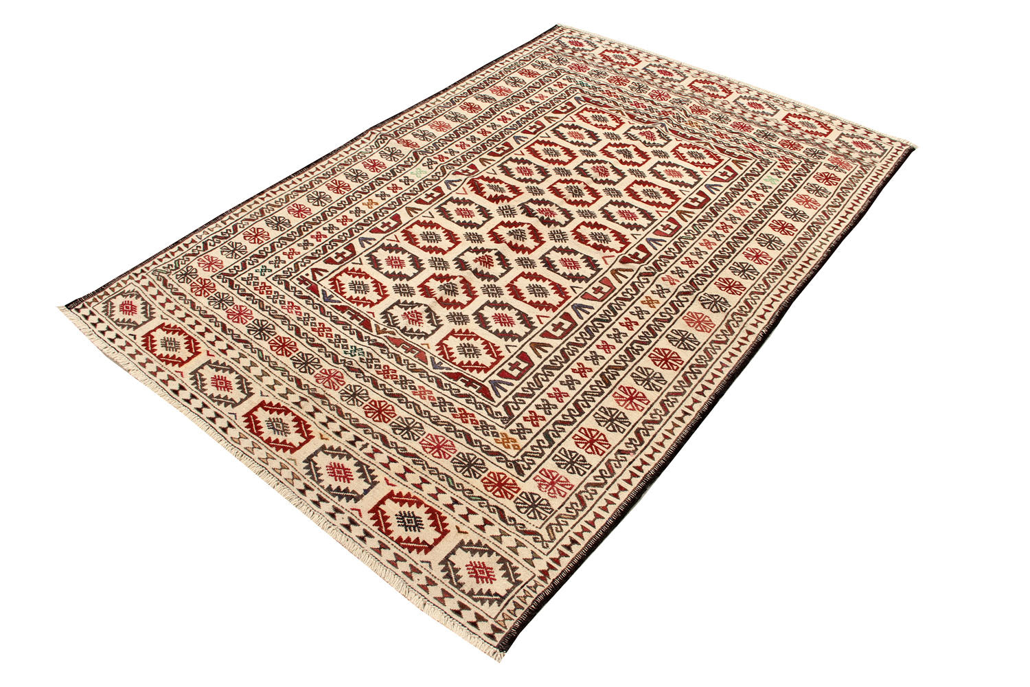 4' 6" x 6' 6  Ivory Handmade Pai Murgh Soumak Kilim Rug Rectangular