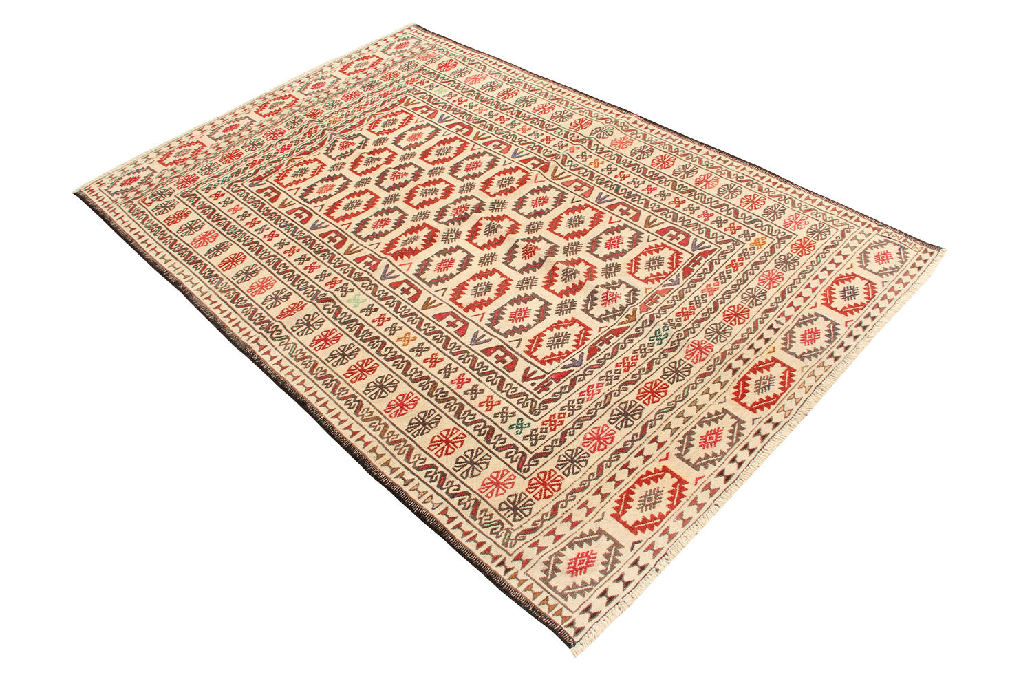 4' 6" x 6' 6  Ivory Handmade Pai Murgh Soumak Kilim Rug Rectangular