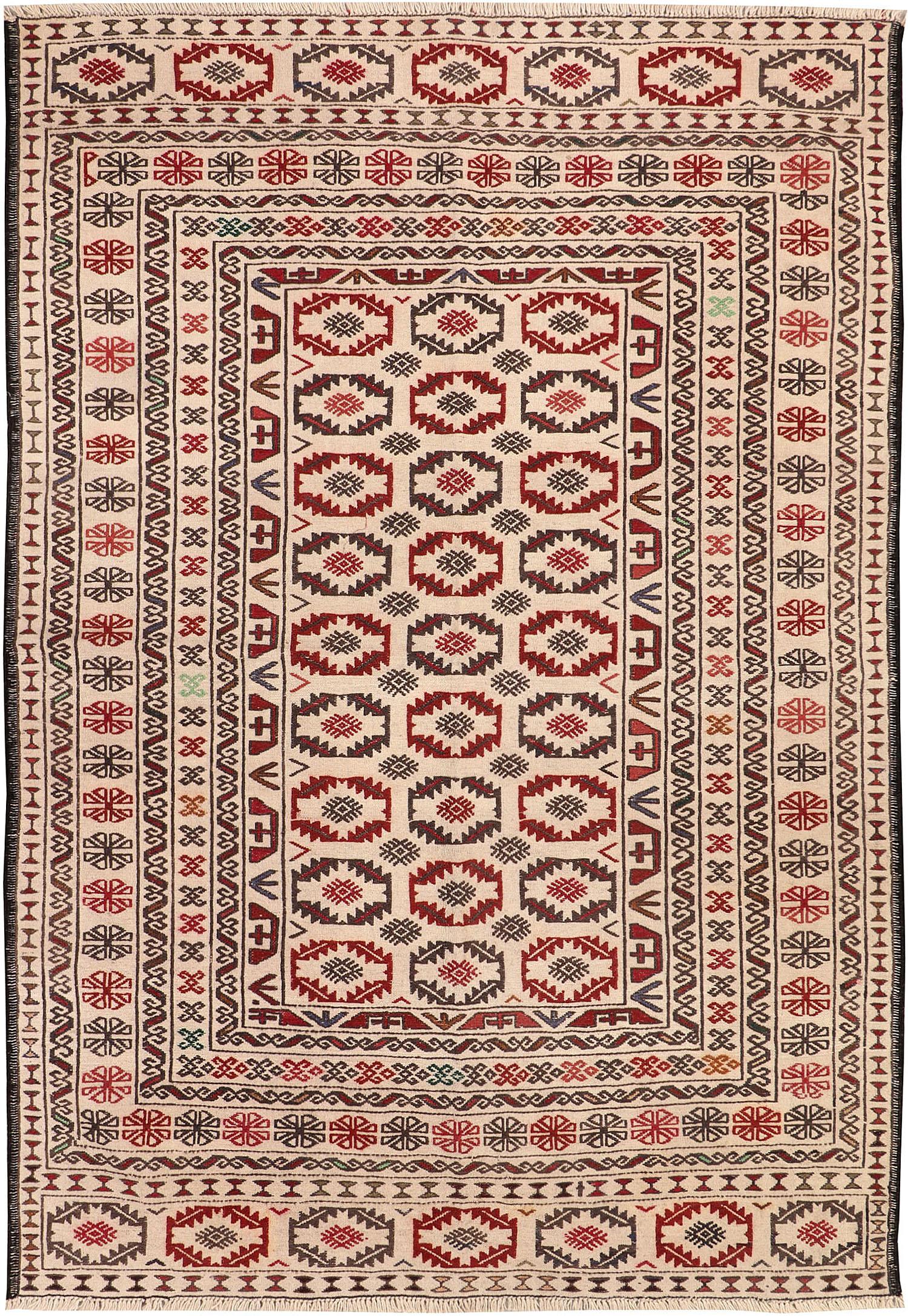 4' 6" x 6' 6  Ivory Handmade Pai Murgh Soumak Kilim Rug Rectangular