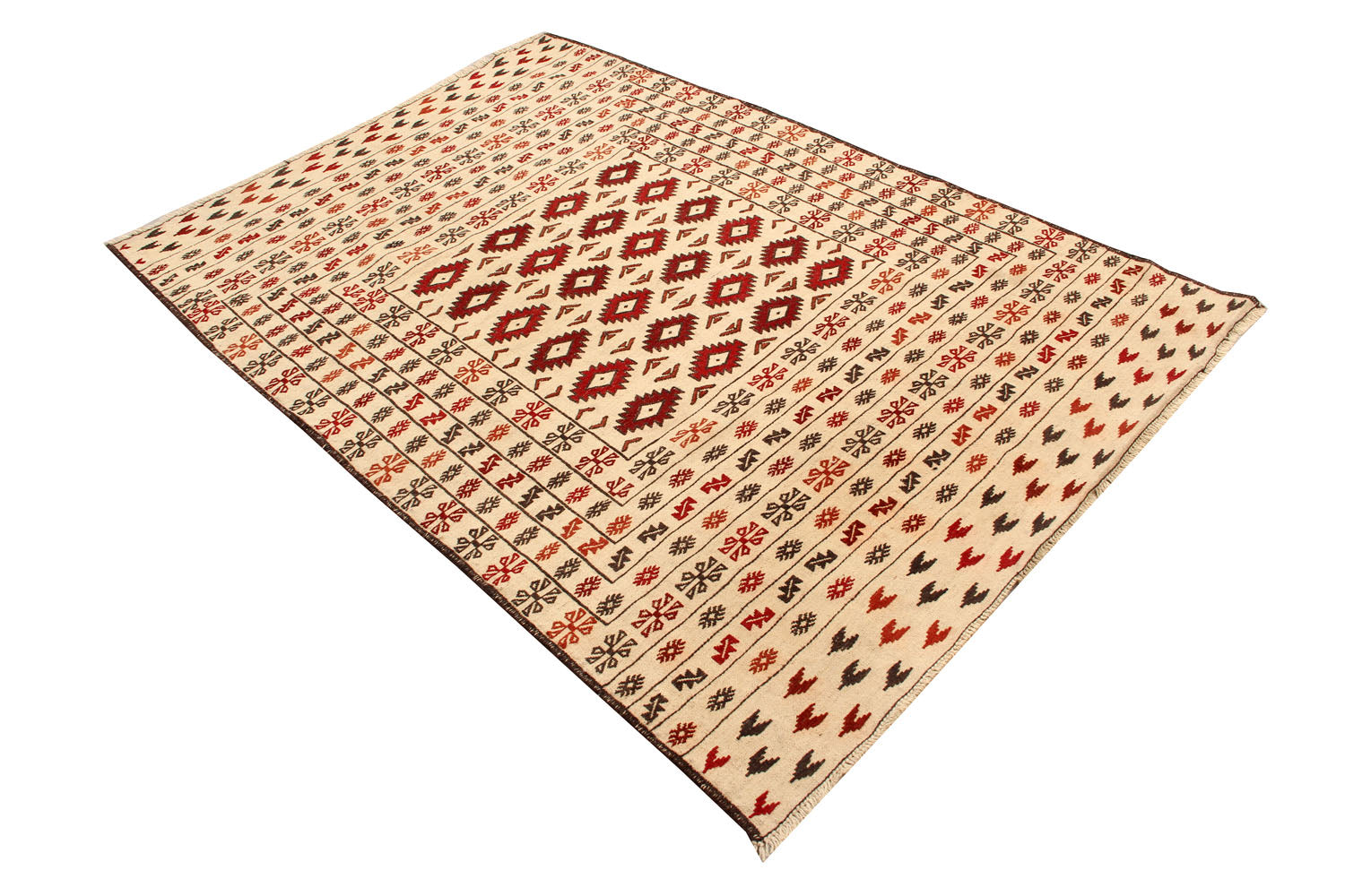 4' 6" x 6' 6  Ivory Handmade Pai Murgh Soumak Kilim Rug Rectangular