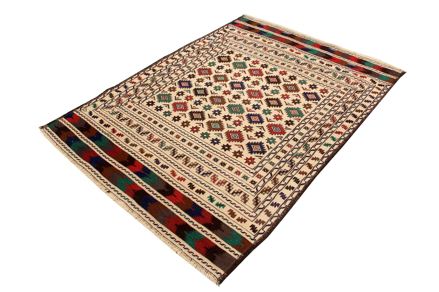 4' 6" x 6' 6  Ivory Handmade Pai Murgh Soumak Kilim Rug Rectangular