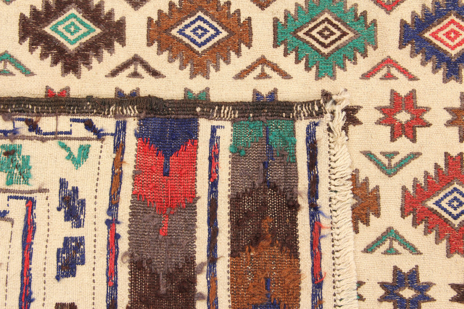 4' 6" x 6' 6  Ivory Handmade Pai Murgh Soumak Kilim Rug Rectangular