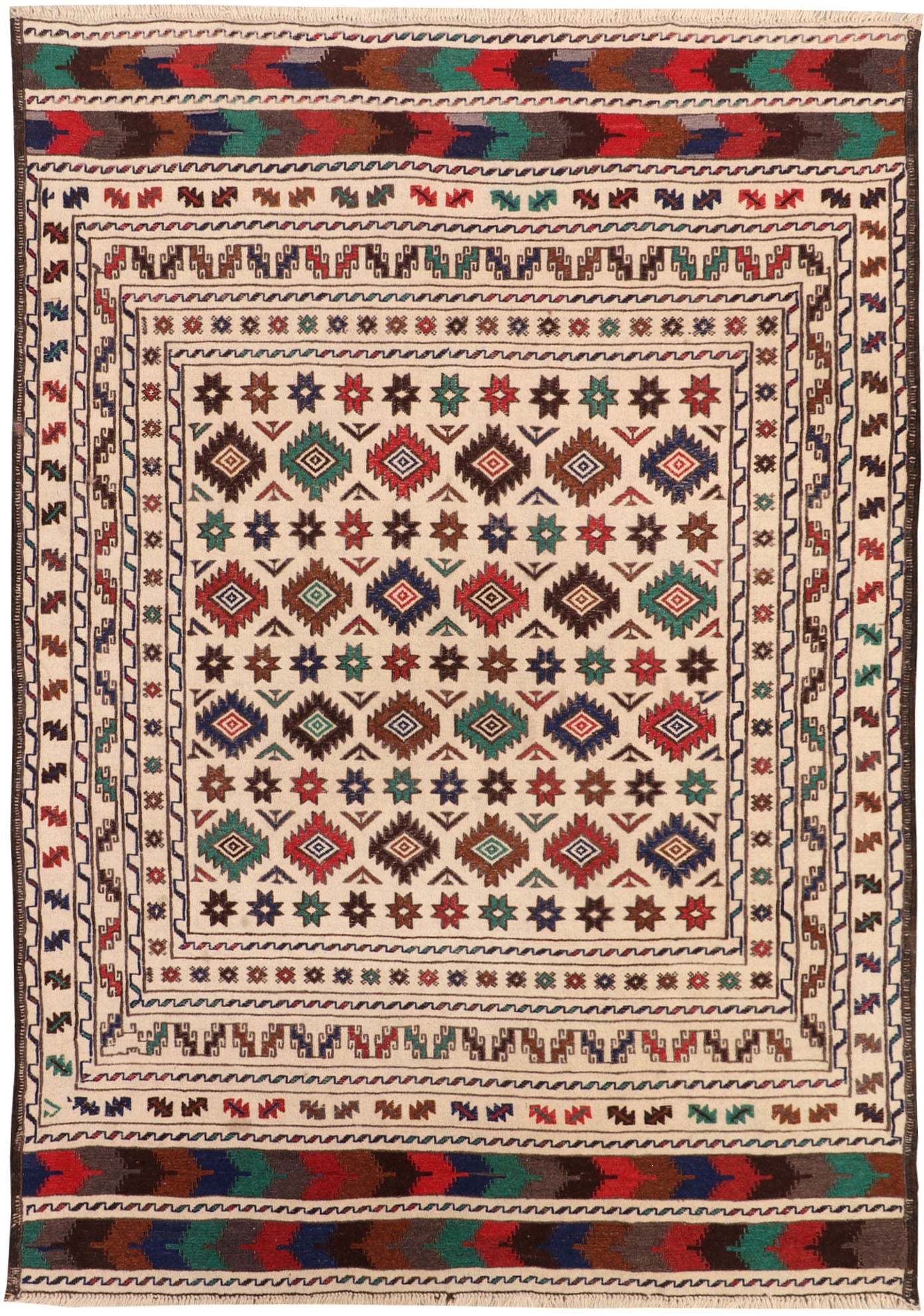 4' 6" x 6' 6  Ivory Handmade Pai Murgh Soumak Kilim Rug Rectangular