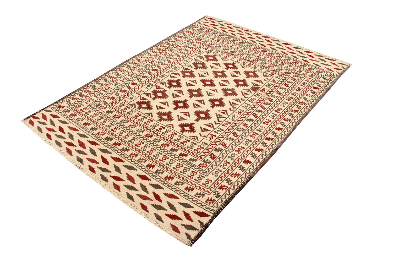4' 6" x 6' 6  Ivory Handmade Pai Murgh Soumak Kilim Rug Rectangular