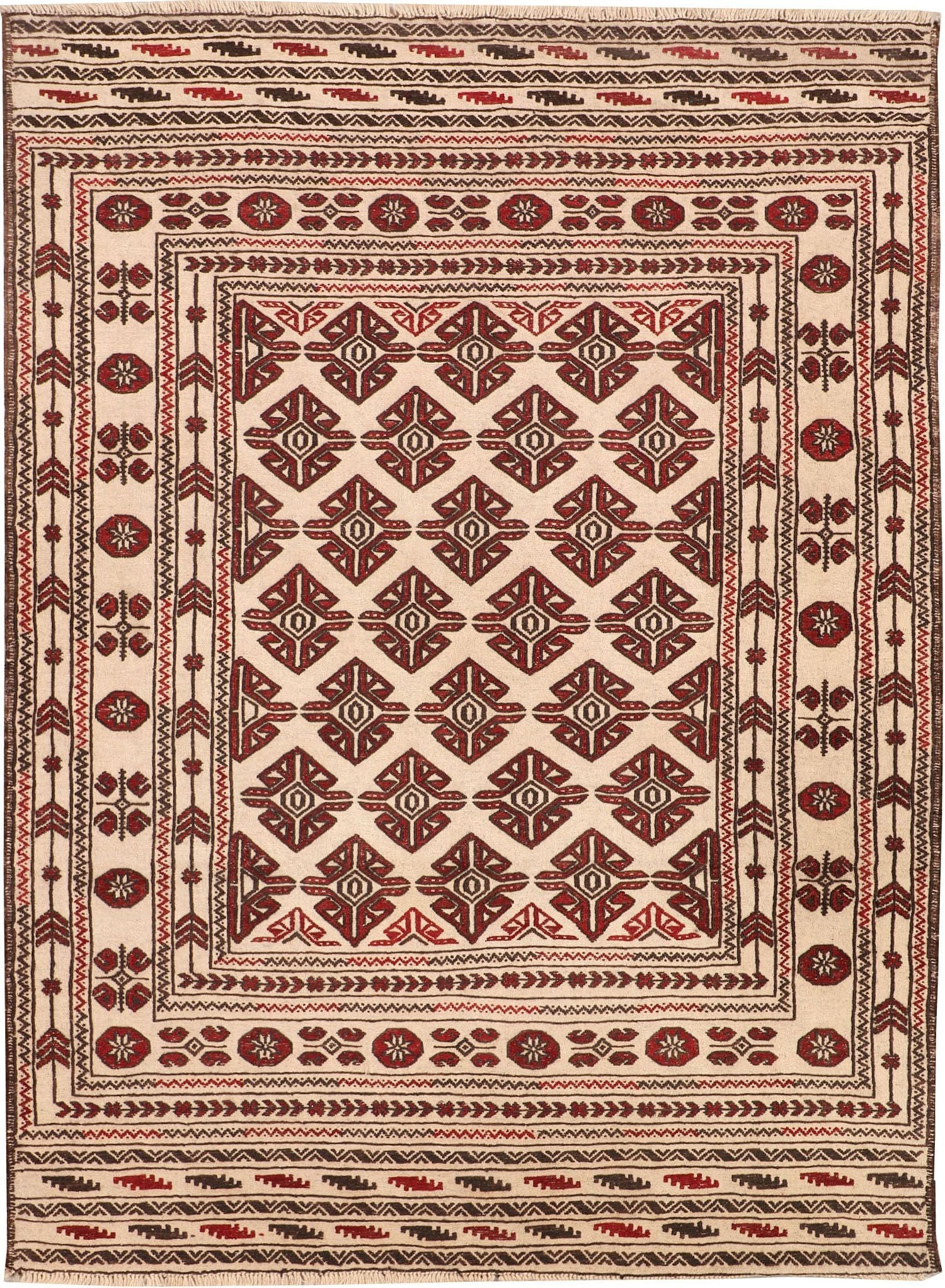 4' 6" x 6' 6  Ivory Handmade Pai Murgh Soumak Kilim Rug Rectangular