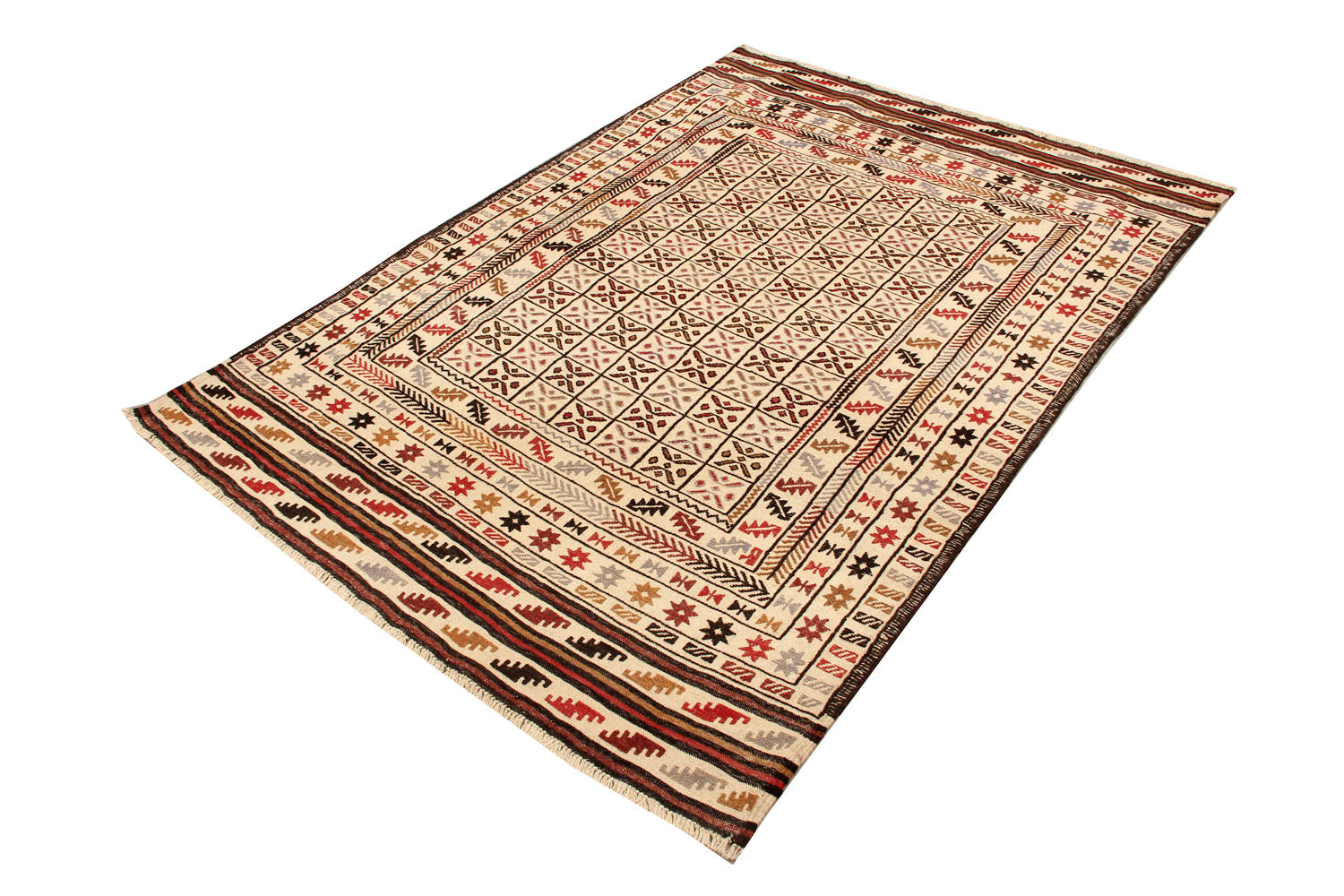 4' x 6'  Ivory Handmade Pai Murgh Soumak Kilim Rug Rectangular
