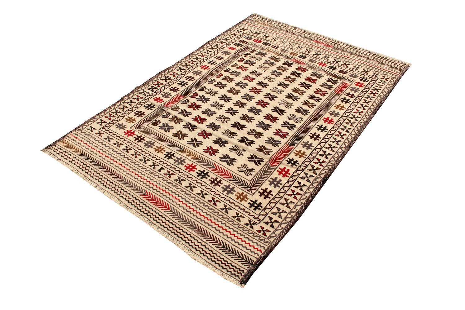 4' 6" x 6' 6  Ivory Handmade Pai Murgh Soumak Kilim Rug Rectangular
