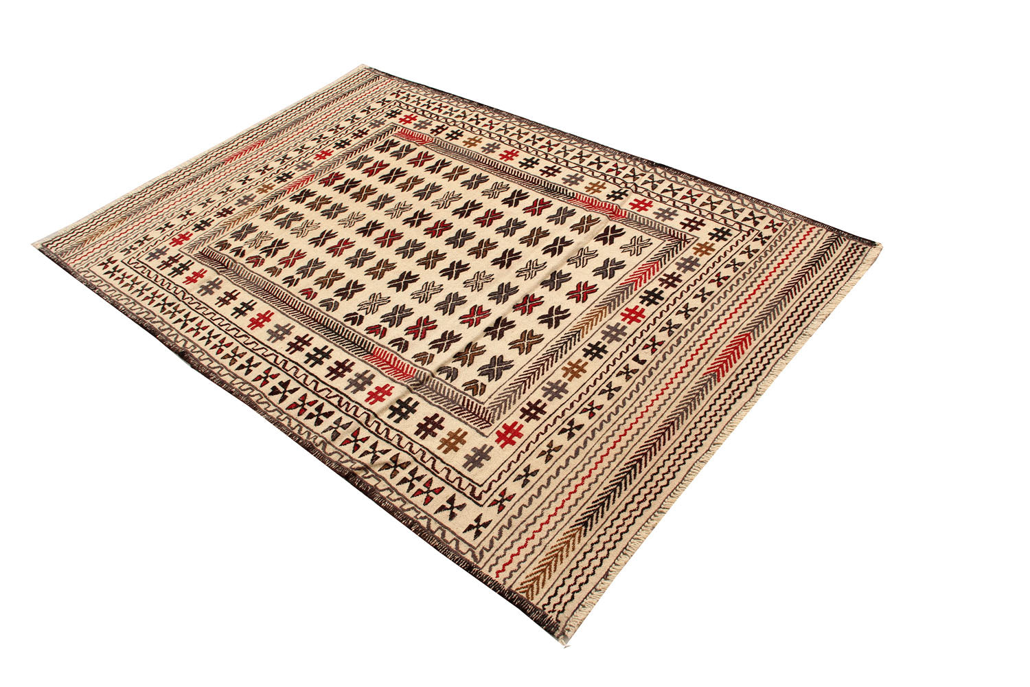 4' 6" x 6' 6  Ivory Handmade Pai Murgh Soumak Kilim Rug Rectangular