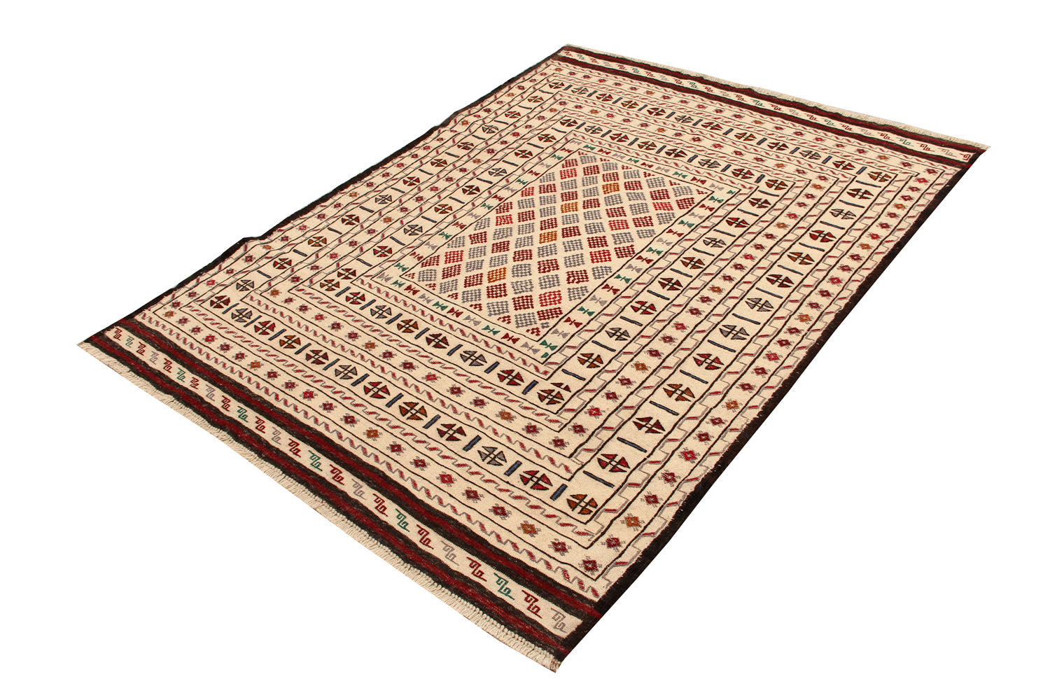 4' 6" x 6' 6  Ivory Handmade Pai Murgh Soumak Kilim Rug Rectangular