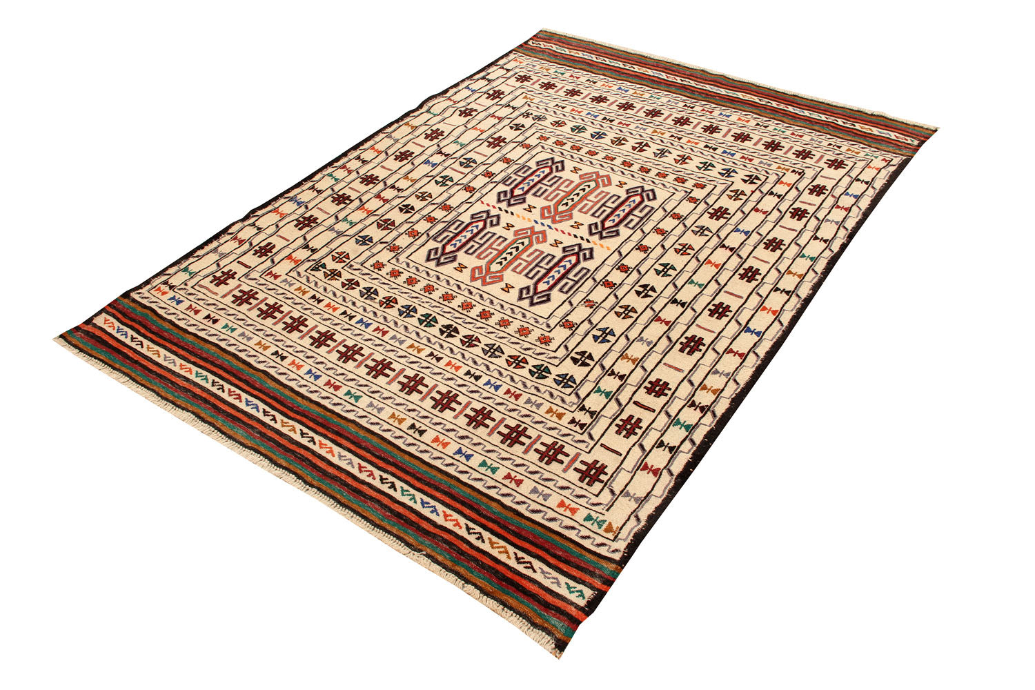 4' 6" x 6' 6  Ivory Handmade Pai Murgh Soumak Kilim Rug Rectangular