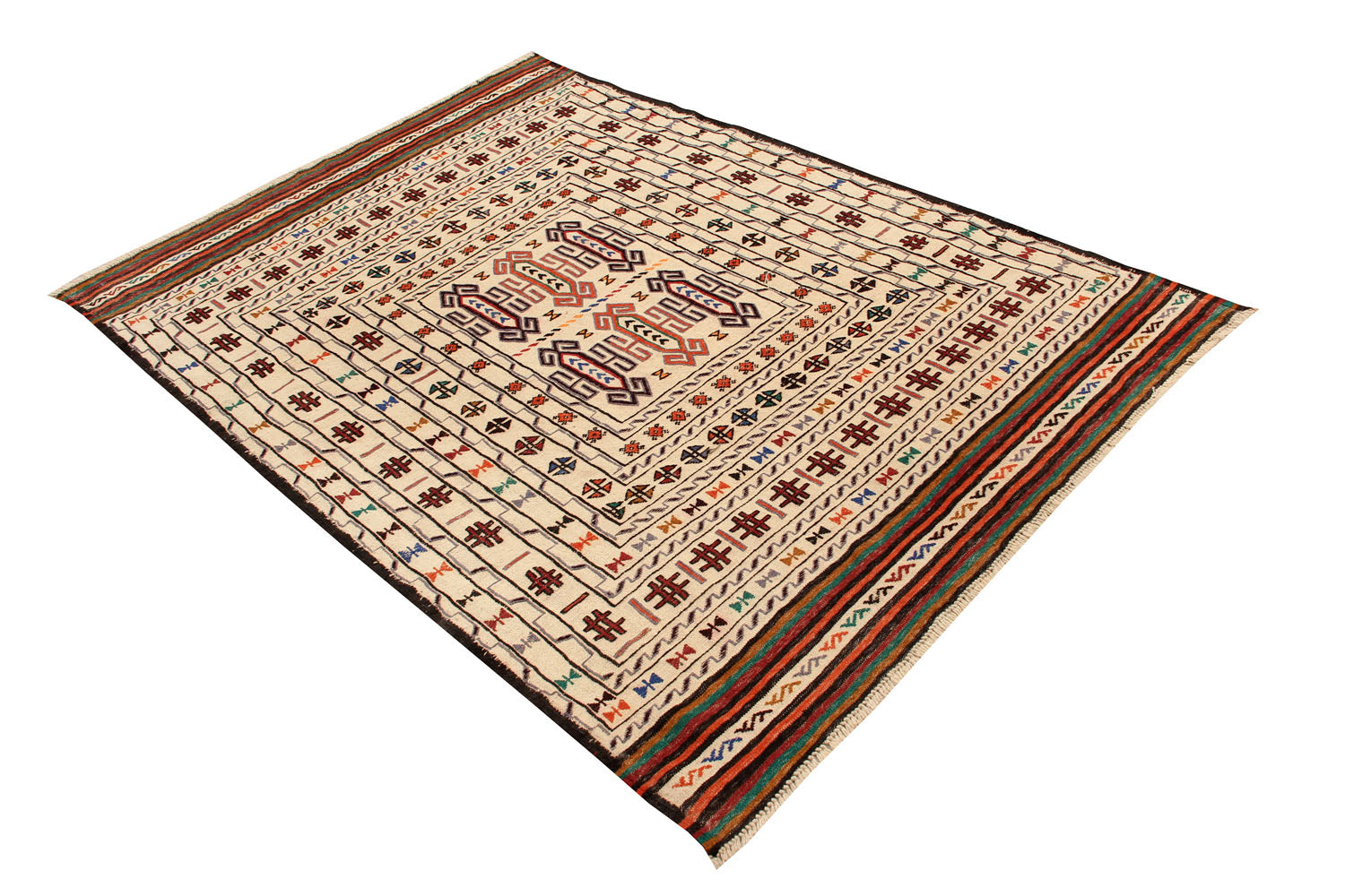 4' 6" x 6' 6  Ivory Handmade Pai Murgh Soumak Kilim Rug Rectangular