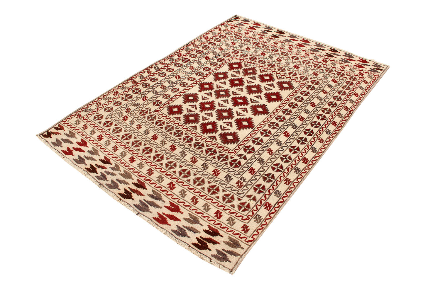 4' 6" x 6' 6  Ivory Handmade Pai Murgh Soumak Kilim Rug Rectangular