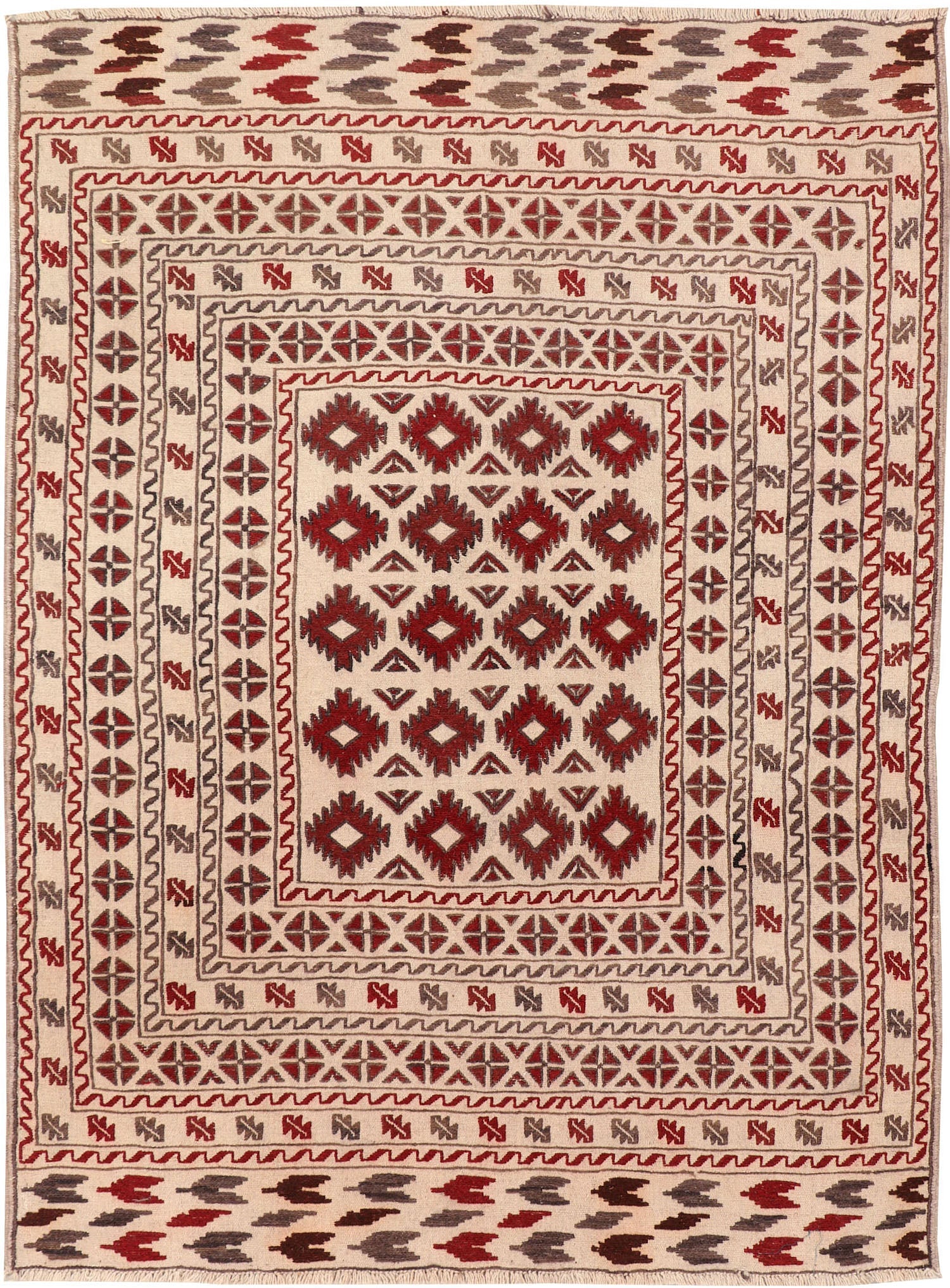 4' 6" x 6' 6  Ivory Handmade Pai Murgh Soumak Kilim Rug Rectangular