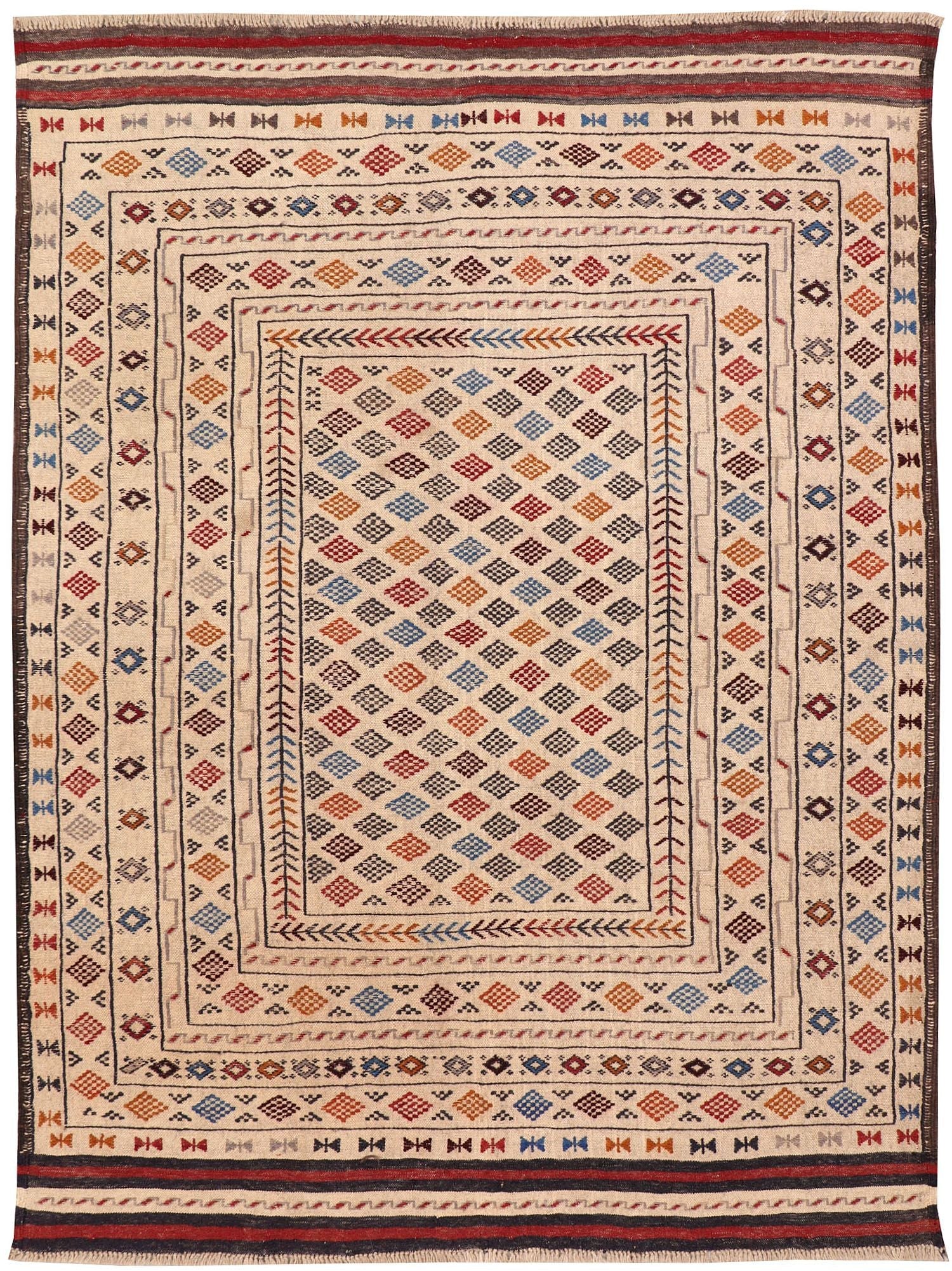 4' x 6'  Ivory Handmade Pai Murgh Soumak Kilim Rug Rectangular