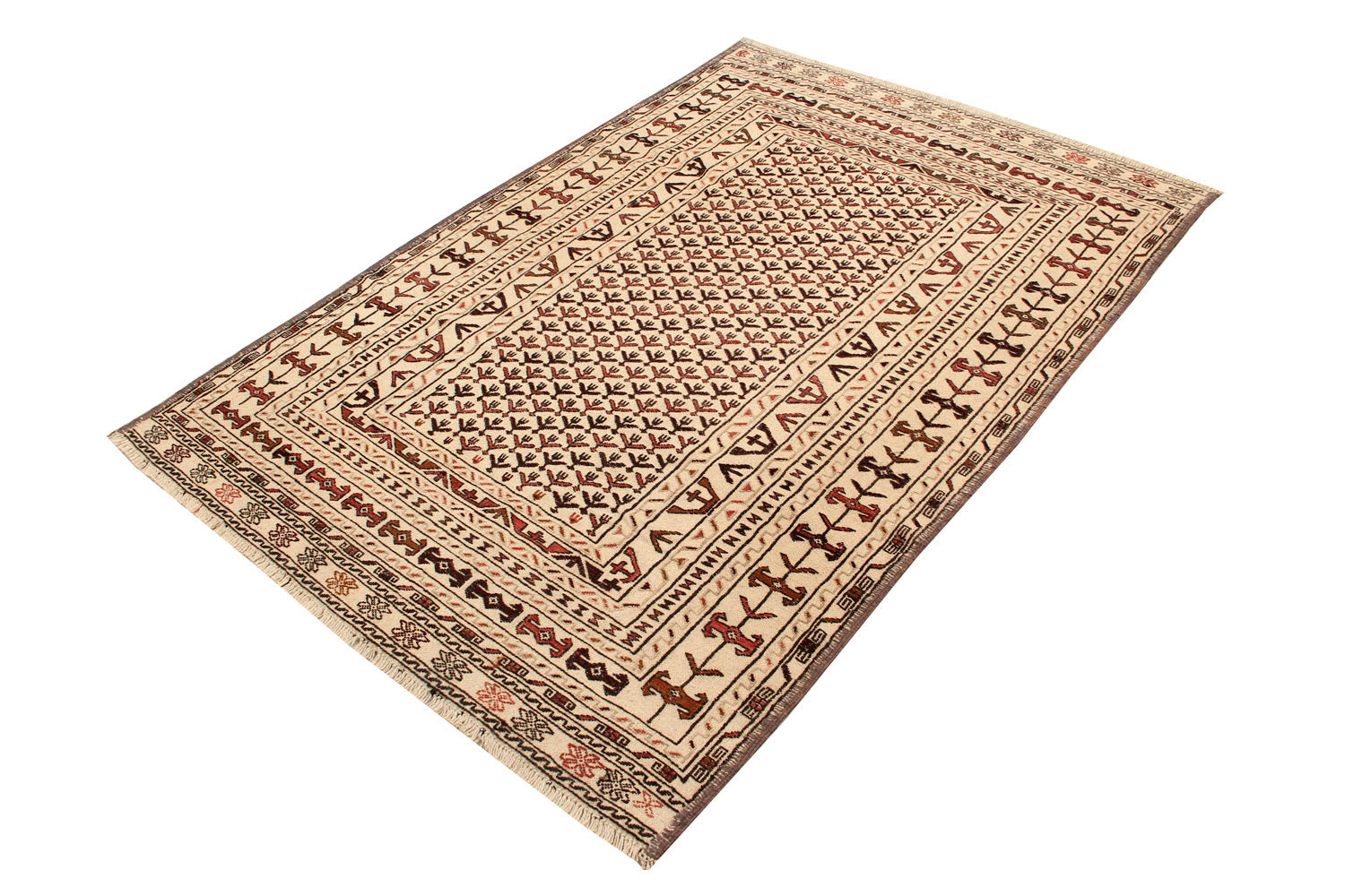 4' 6" x 6' 6  Ivory Handmade Pai Murgh Soumak Kilim Rug Rectangular