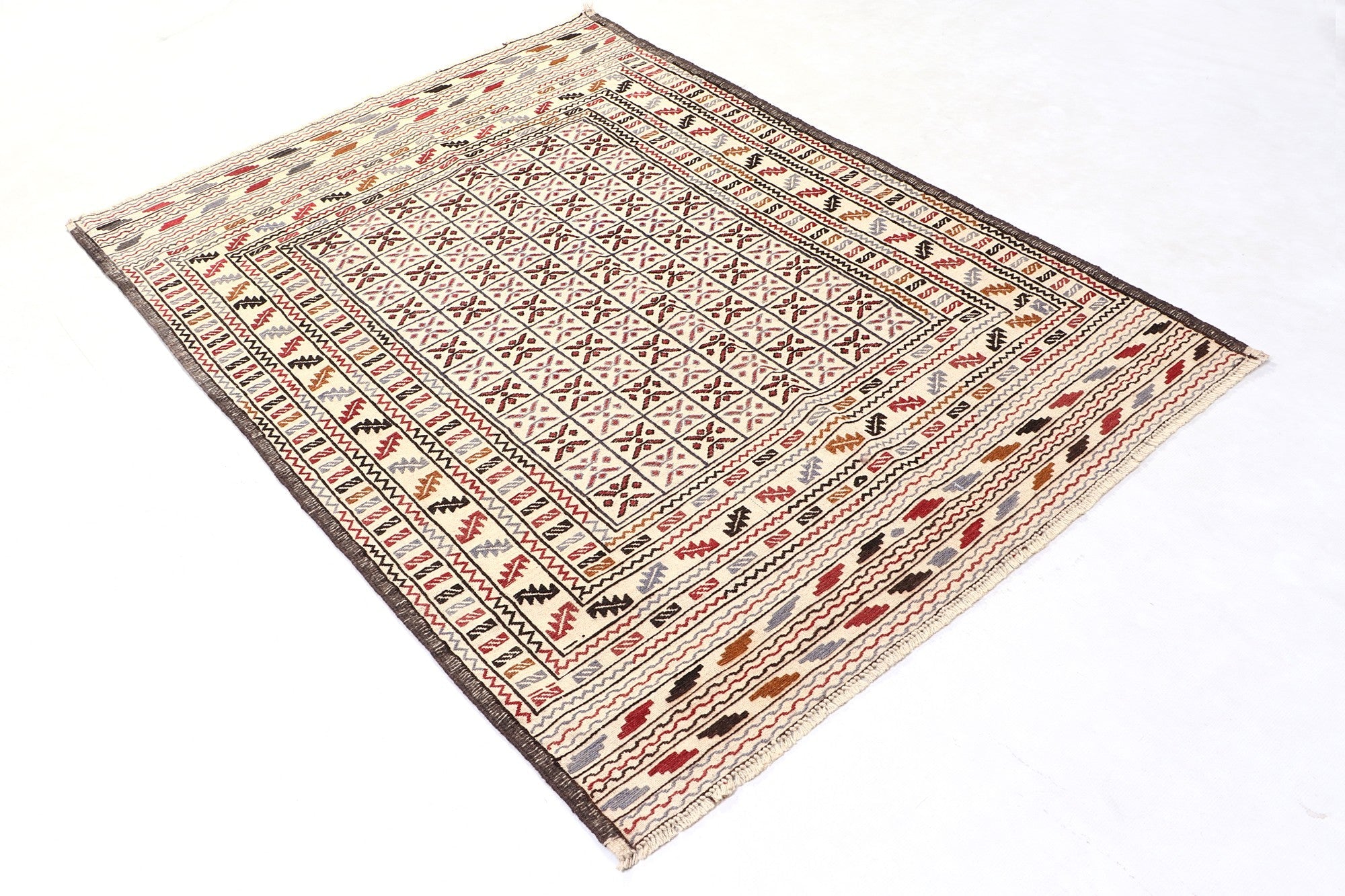 4' 6" x 6' 6  Ivory Handmade Pai Murgh Soumak Kilim Rug Rectangular