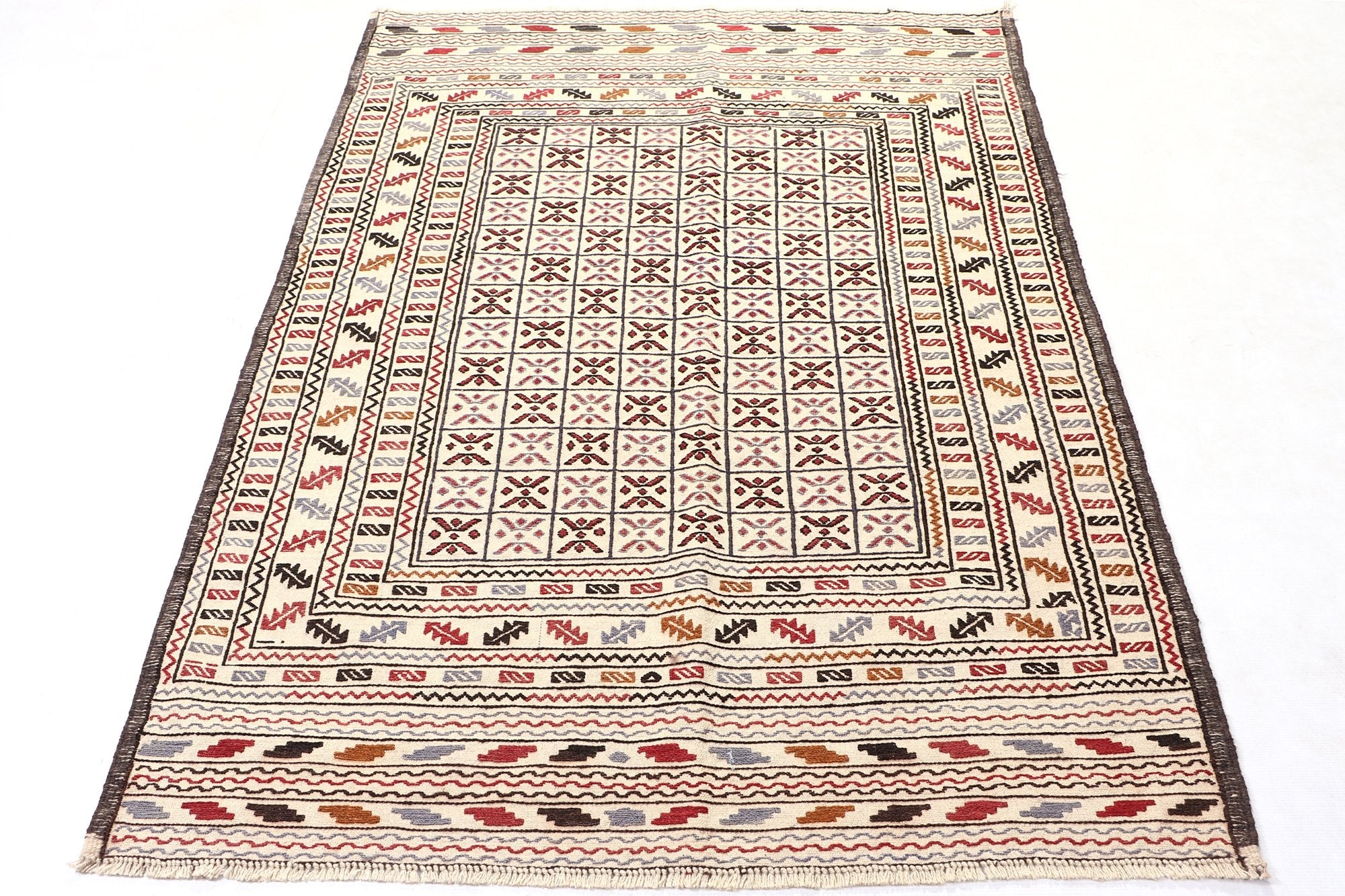 4' 6" x 6' 6  Ivory Handmade Pai Murgh Soumak Kilim Rug Rectangular
