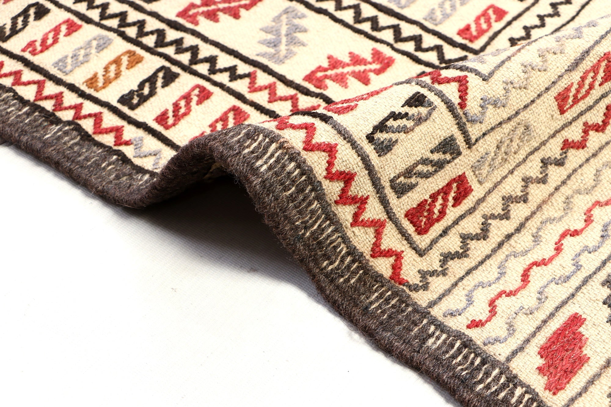 4' 6" x 6' 6  Ivory Handmade Pai Murgh Soumak Kilim Rug Rectangular
